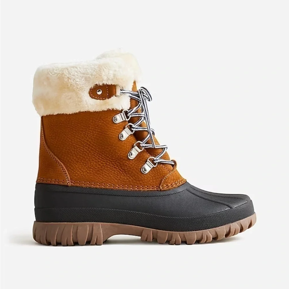 J crew Perfect Winter boots with sherpa pecan camel